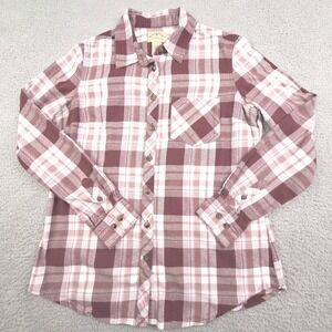 Blue Mountain Shirt Womens Small Burgundy Pink Plaid Cotton Flannel Long Sleeve